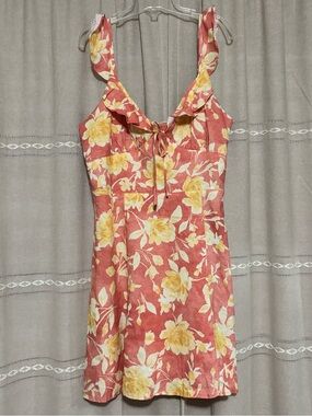 Wayf Coral Floral Ruffle Tie-Front Mini Dress